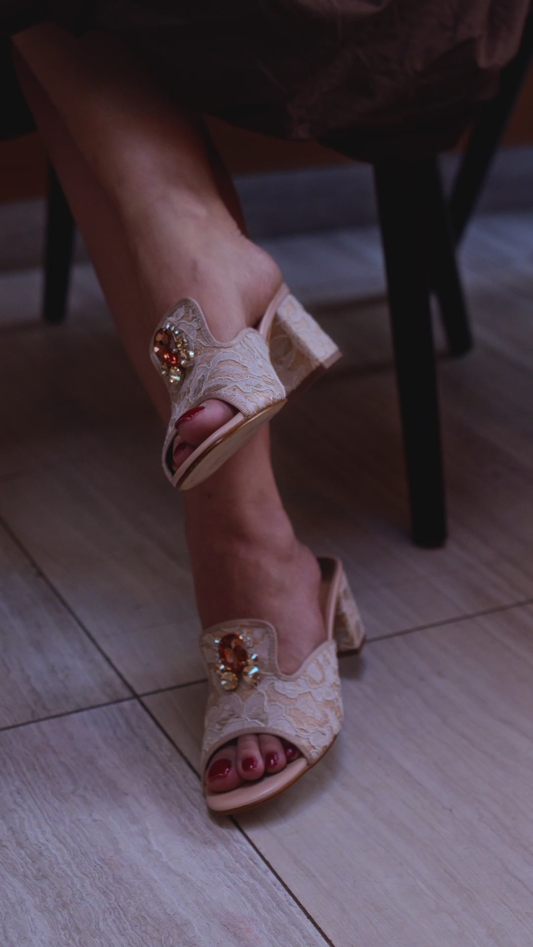 Gold beige lace Kitty mules as seen in LFW SS26